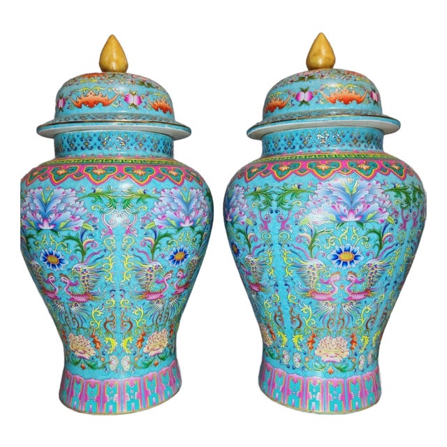 Pair of Large Vintage Cloisonné Enamel Phoenix & Lotus General Jars For Sale