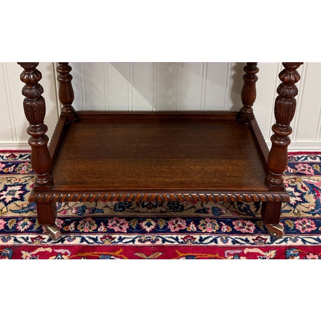 Brown Antique French Trolley Tea Cart Pastry Cart Dumbwaiter 2-Tier Oak C. 1930s For Sale - Image 8 of 18