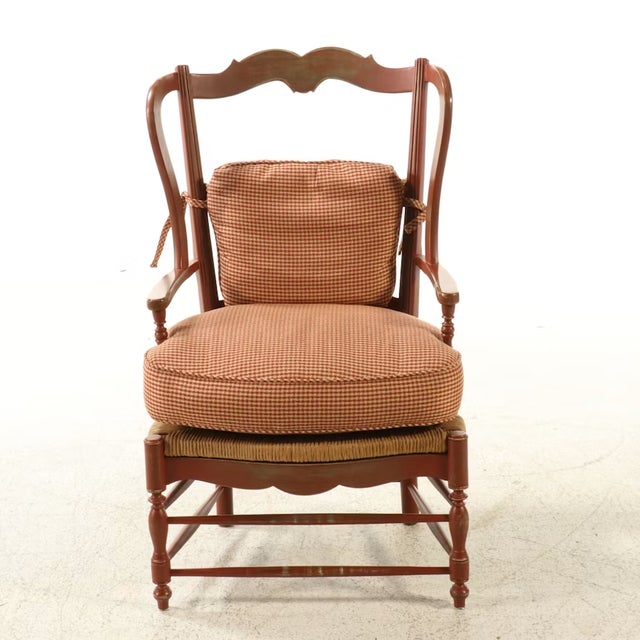Vintage French Provincial Distressed Terracotta Red Wingback Chair With Gingham Cushions For Sale - Image 12 of 12