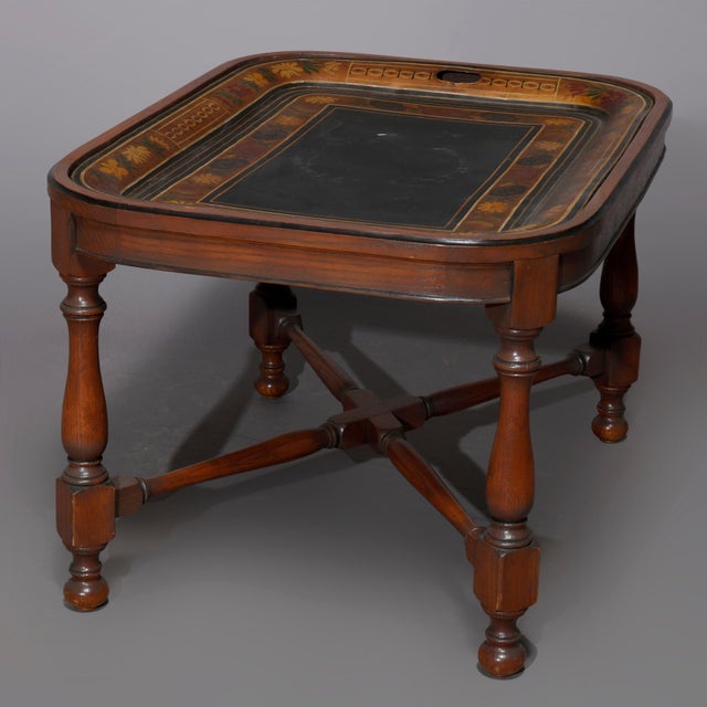 English Georgian Style Walnut Tea Table & Removable Toleware Serving Tray 20th For Sale - Image 11 of 12