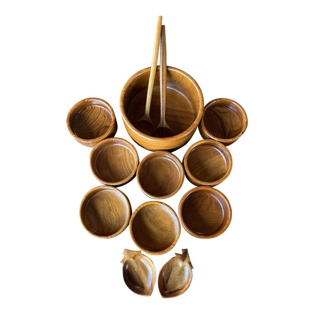 Vintage Teak Wood Salad Bowls Total Set, 10 Pieces Including 8 Bowls 2 Snack Bowls 1 Large Salad Bowl 2 Serving Utensils For Sale