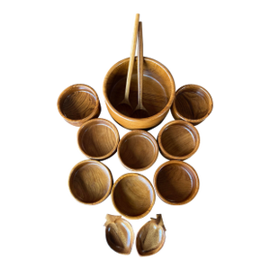 Vintage Teak Wood Salad Bowls Total Set, 10 Pieces Including 8 Bowls 2 Snack Bowls 1 Large Salad Bowl 2 Serving Utensils