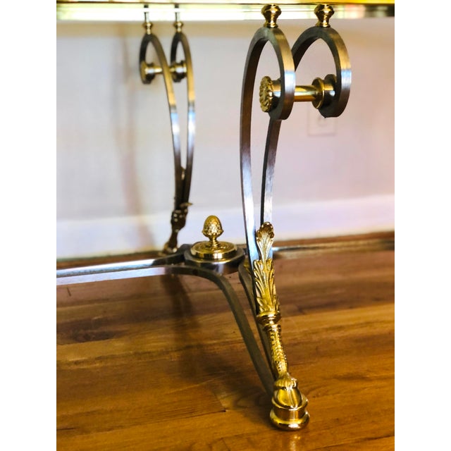 Vintage Jansen Style Neoclassical Oval Brushed Steel & Brass Glass Top Coffee Cocktail Table For Sale - Image 9 of 11
