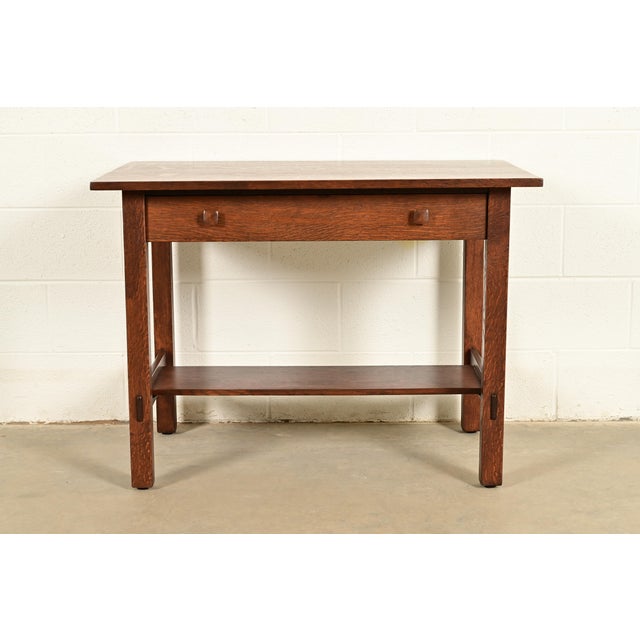 Mission Stickley Brothers Antique Mission Oak Arts & Crafts Writing Desk or Library Table, Newly Refinished For Sale - Image 3 of 16