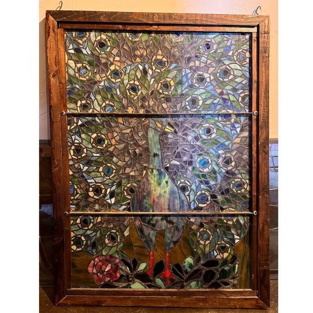 Vintage Stained and Leaded Glass Peacock Window, After Tiffany Studios For Sale - Image 10 of 13