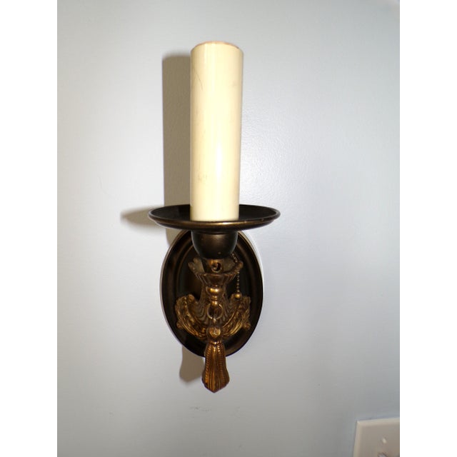 Vintage Pair Art Nouveau Gilt Brass Sconces Wall Lamp Fixtures With Tassels For Sale - Image 11 of 13