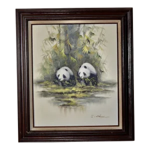 Original Framed Oil on Canvas Painting of Pandas Eating Bamboo Signed