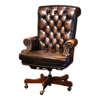 Vintage Adjustable and Swivel Executive Office Desk Armchair With Tufted Leather For Sale