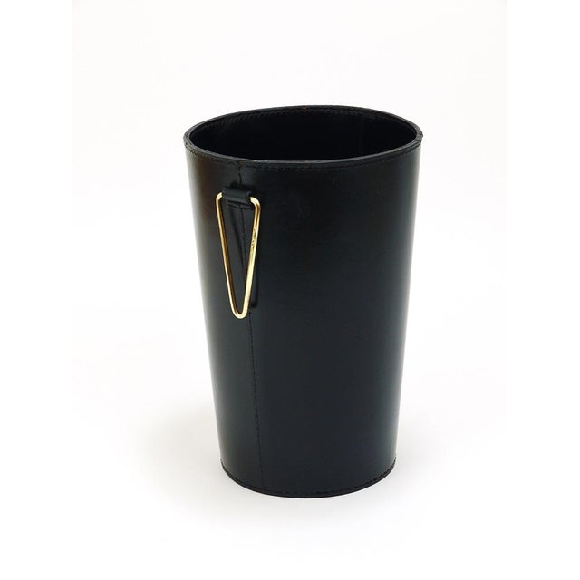 Mid-Century Black Leather & Brass Wastepaper Basket attributed to Carl Auböck, Austria, 1950s For Sale - Image 3 of 15