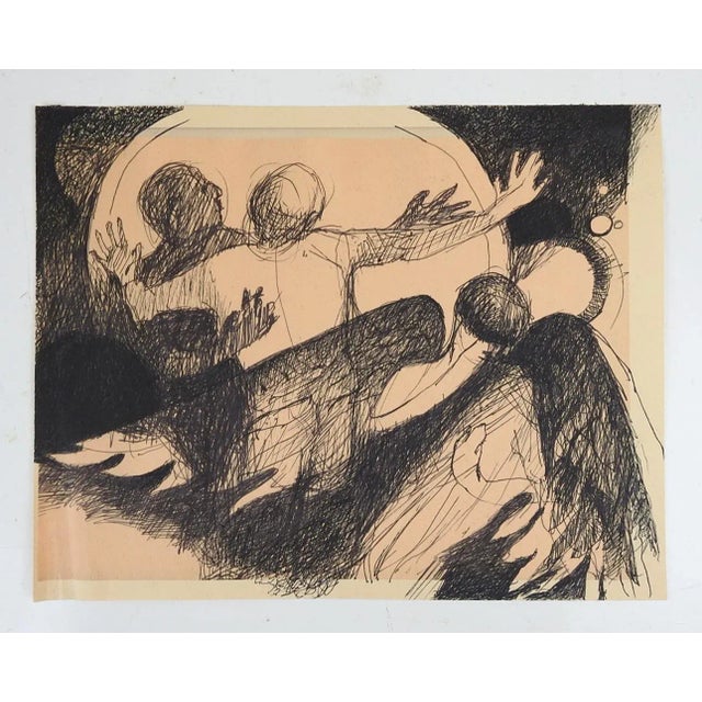 Late 20th century pen and ink on paper drawing of surreal figures and wings. Unsigned. Unframed, age toning.