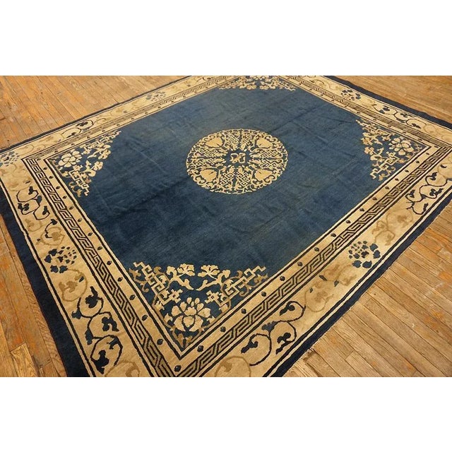 1920s Blue Navy Medallion Antique Chinese Peking Rug 8' 4" X 7' Knotted Pile Wool Carpet For Sale - Image 4 of 15