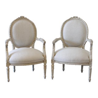 20th Century Louis XVI Carved and Painted Linen Armchairs - a Pair For Sale