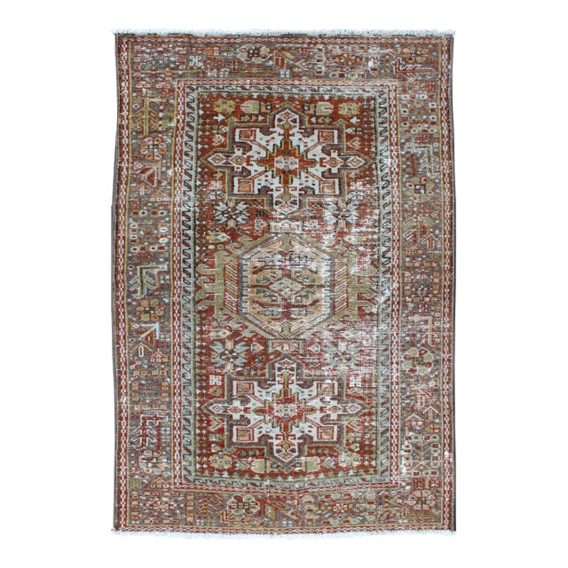 Antique Persian Karajeh Rug With Geometric Medallions and Rust Red Field 2′11″ × 4′5″ For Sale