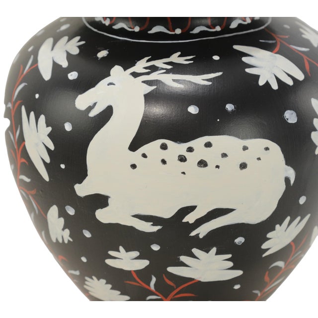A Pair of Vintage Brunschwig & Fils Cadiz Table Lamps - Black and Cream Ceramic With Boar and Deer Motifs For Sale - Image 11 of 14