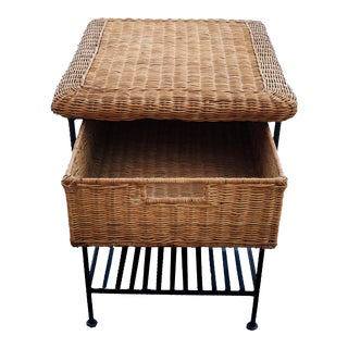90s Coastal Iron Framed Woven Wicker Single Drawer Nightstand Aka Side Table For Sale