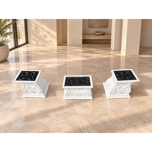White Vintage Fleur-De-Lis Glass Coffee Table & Pedestal Side Tables – Custom Redesigned Set of 3 For Sale - Image 8 of 13