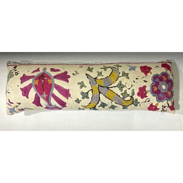 Single Long Antique Silk Embroidery Suzani Pillow For Sale - Image 11 of 12
