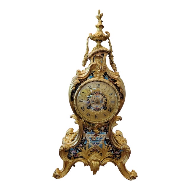 Antique French Gilt Bronze Champleve Enamel Clock For Sale