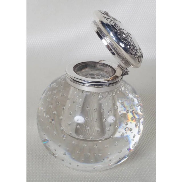 Pairpoint Glassworks Pairpoint Crystal Inkwell With Bubble Motif and Sterling Silver Hinged Cover For Sale - Image 4 of 8