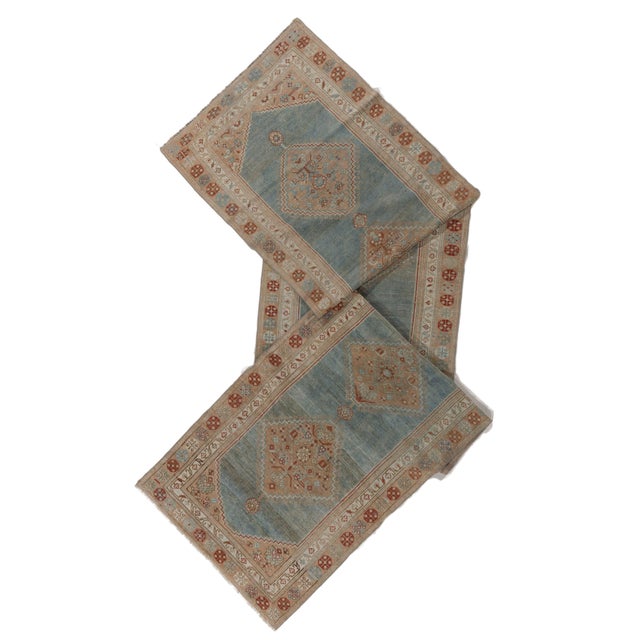 Antique Circa 1920 Blue Malayer Hand Knotted Runner 3ft 2in X 15ft 1in For Sale - Image 10 of 11