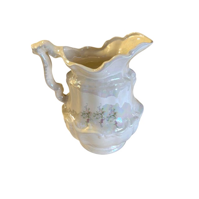 Vintage Victorian Style Iridescent Luster Glazed White Ceramic Pitcher and Basin - A Set For Sale - Image 12 of 12