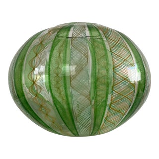 Late 20th Century Handblown Art Glass Vase in Green and Gold Stripe and Plaid Design For Sale
