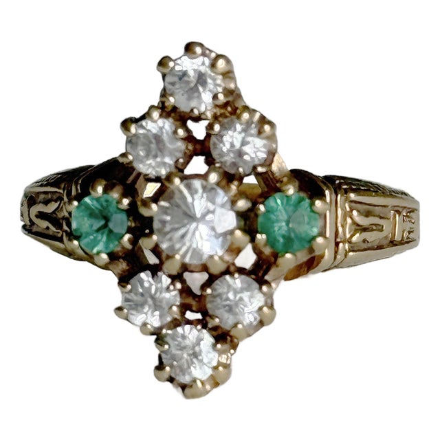 Vintage Victorian Revival 925 Sterling Silver Gold Vermeil Green Gemstone Marquise Cluster Ring, Size 7.5 For Sale