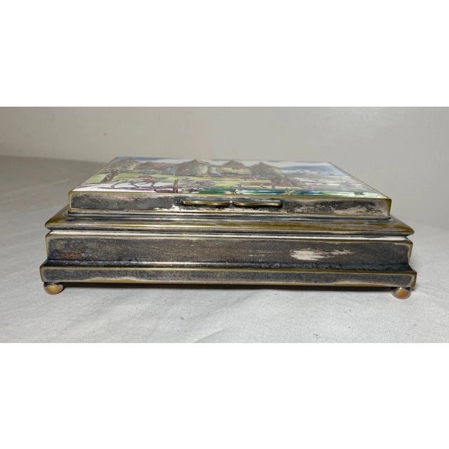 Metal Antique Handmade Silver Plate Sciarrotta Painted Porcelain Wood Cigarette Box For Sale - Image 7 of 14