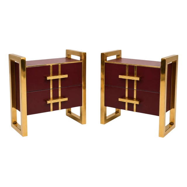 Italian Brass and Burgundy Glass Bedside Tables from Justfurnituress SRL, Set of 2 For Sale