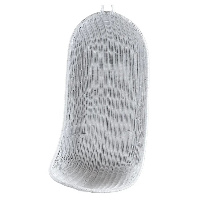 White White Wicker Hanging Basket Style Coastal Garden Lanai Scoop Chairs For Sale - Image 8 of 10