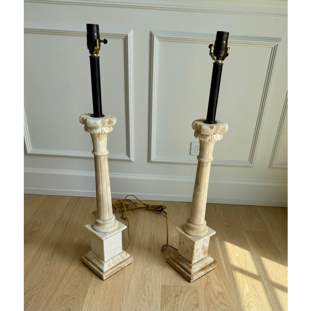1960s Exceptional Pair of Italian Hand-Carved Alabaster Neoclassical Column Table Lamps – Newly Rewired For Sale - Image 9 of 10