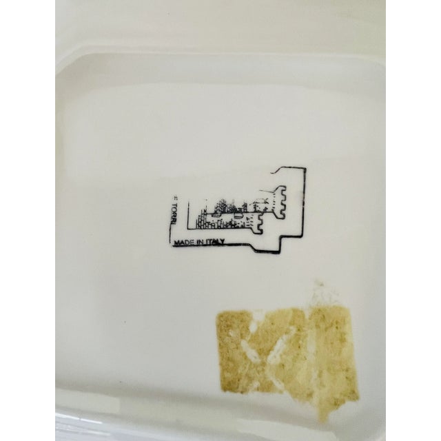 Beautiful Italian fruit design plates with indigo border. Measures 9.5” square. Minor discoloration in the white...