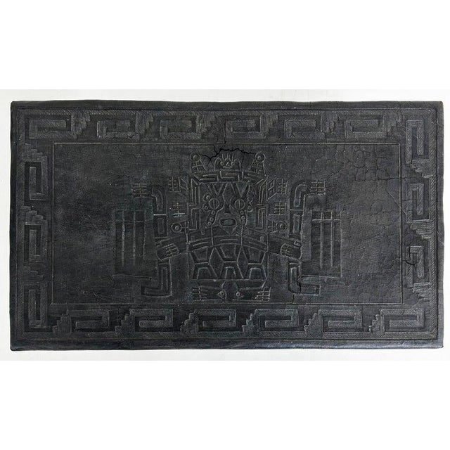Traditional Early 20th Century Aztec Tooled Leather Wood Bench, Greek Key Design For Sale - Image 3 of 6