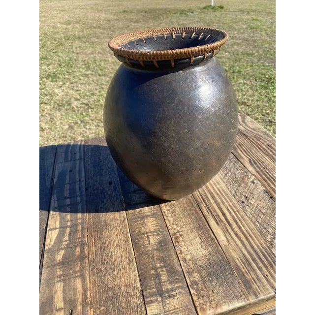 Vintage Primitive Handmade PotteryVase With Rattan Woven Top Snake Charmer Style For Sale - Image 4 of 7