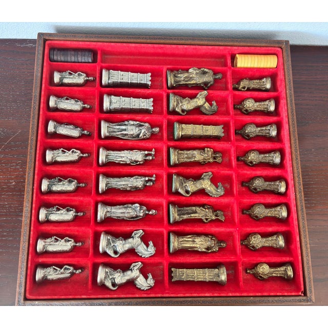 Mid 20th Century Italian Roman-Style Chess Set Cast Metal and Leather Leather Board Circa 1960 For Sale - Image 5 of 15