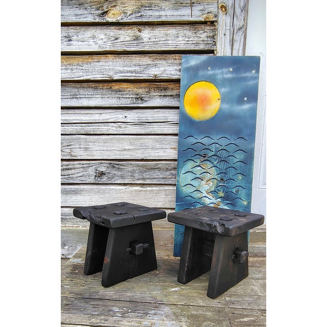 2020s Yakisugi -Shou Sugi Ban Charred Barnwood Stool, Reclaimed Accent Table, Wabi Sabi Plant Stand For Sale - Image 5 of 6