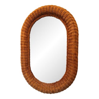 1970s Mid Century French Style Oval Rattan Mirror For Sale