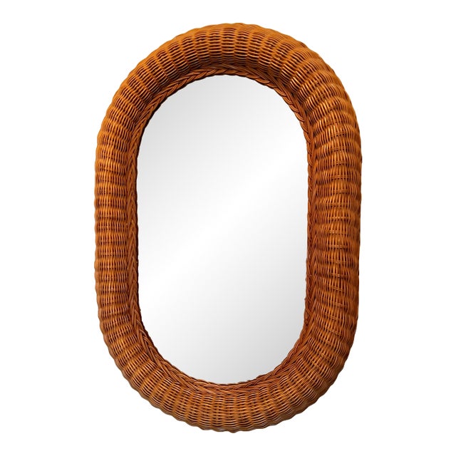 1970s Mid Century French Style Oval Rattan Mirror For Sale