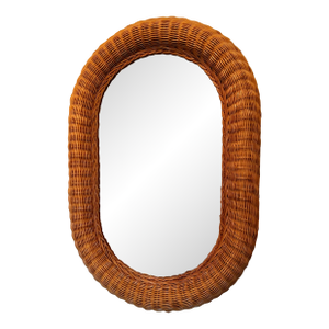 1970s Mid Century French Style Oval Rattan Mirror