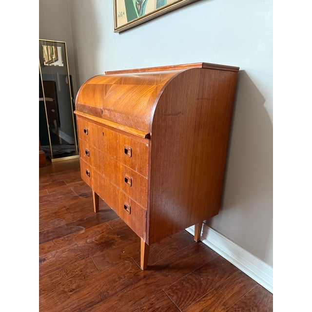 Brown Vintage 1960s Danish Teak MCM Rolltop Secretary Desk Attributed to Egon Ostergaard For Sale - Image 8 of 12