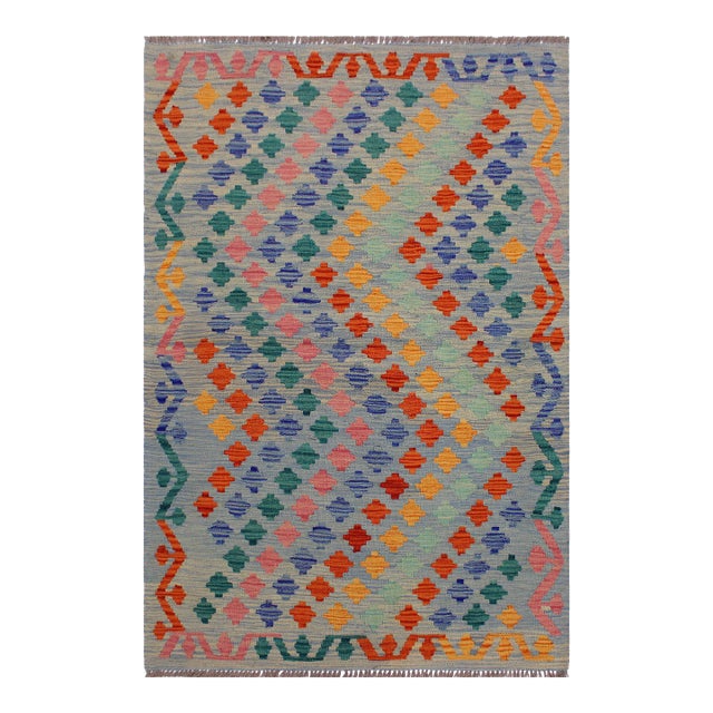 Shabby Chic Kilim Blue Gray Wool Rug - 3'3" X 4'10" For Sale