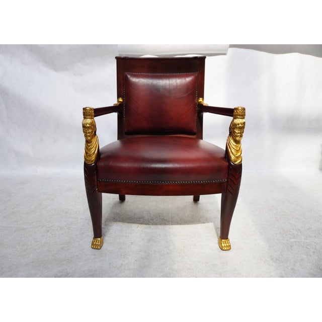 Early 21st Century Mid 20th Century Red Leather Empire Style Armchair With Gilded Figures For Sale - Image 5 of 11