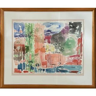 Large Vintage Watercolor Painting by Avraham Binder, Coastal, Colorful Sea Side Bustling Leisure Harbor For Sale