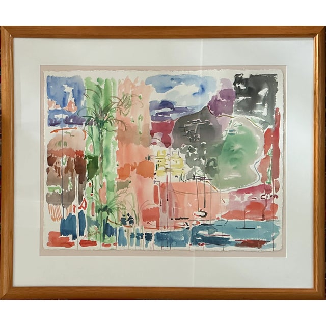 Large Vintage Watercolor Painting by Avraham Binder, Coastal, Colorful Sea Side Bustling Leisure Harbor For Sale