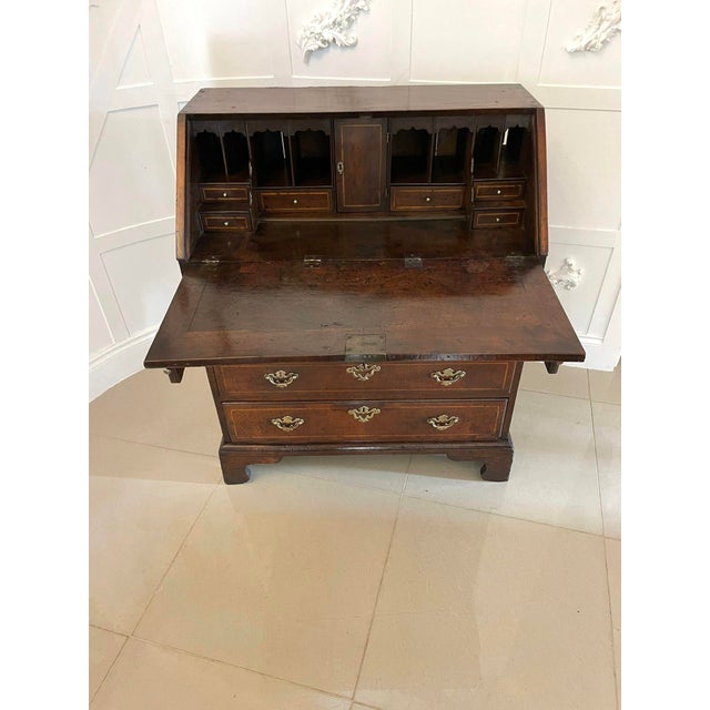 Brown Antique George I Figured Walnut Bureau with Original Handles , 1720 For Sale - Image 8 of 18