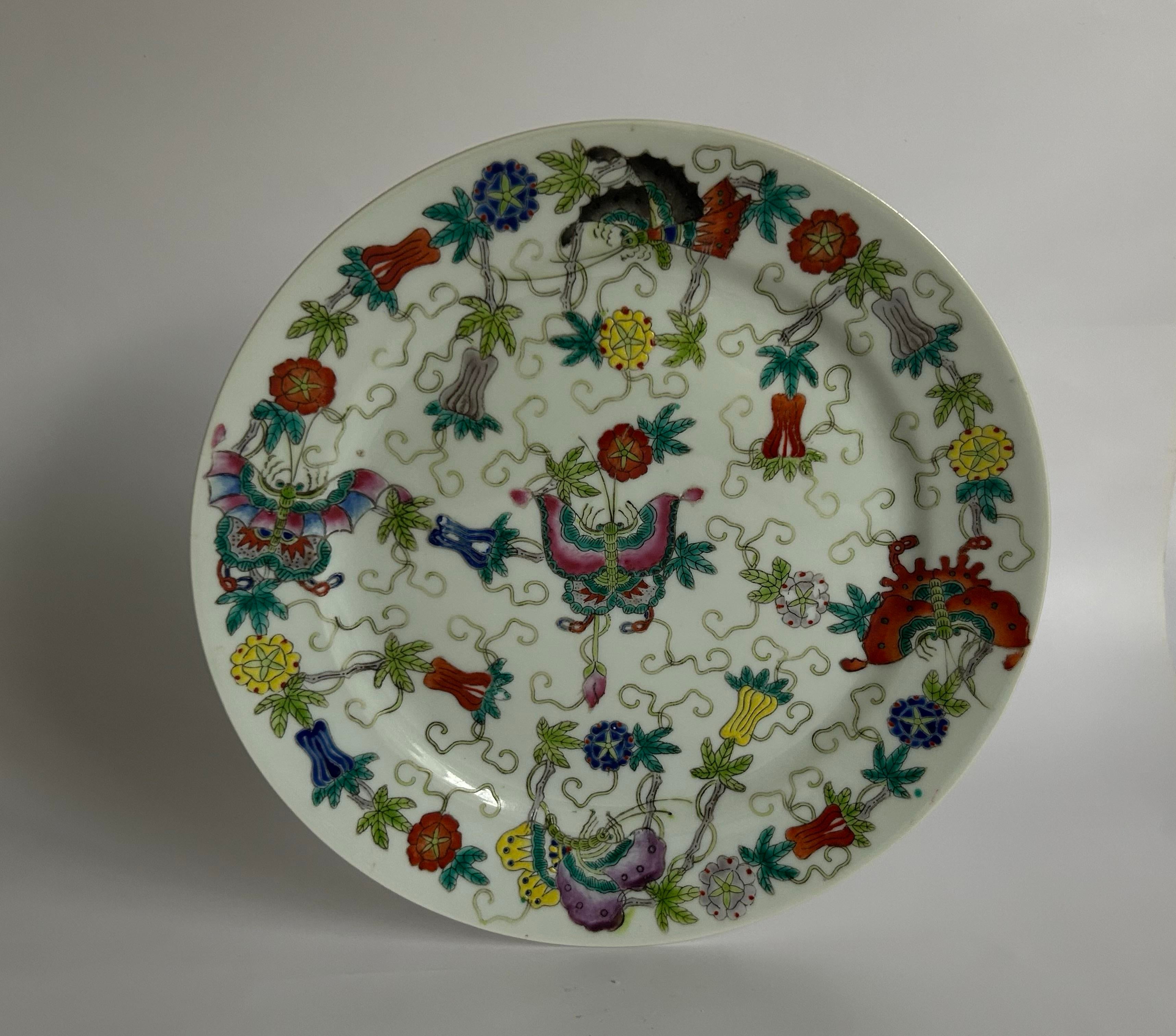 Vintage Chinese Jingdezhen Famille Rose Plates Butterfly Melon