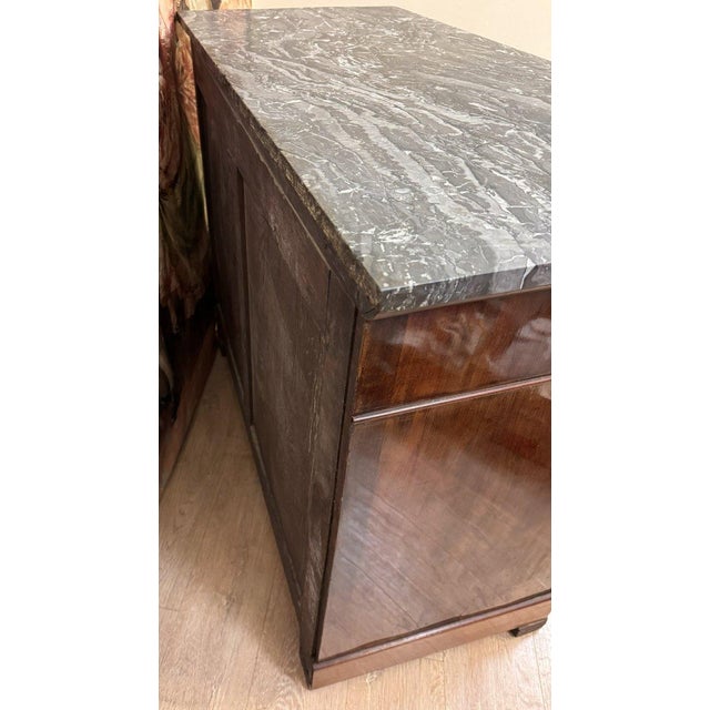 Restoration Period Mahogany Sideboard Gray Marble 2 Doors and 2 Drawers Slight Discoloration Dimensions: H 99 x W 120 x D 56