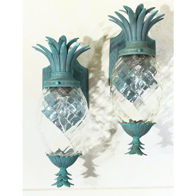 Turquoise Pair of Vintage Pineapple Bronze and Brass Wall Sconces - Tropical Elegance For Sale - Image 8 of 15