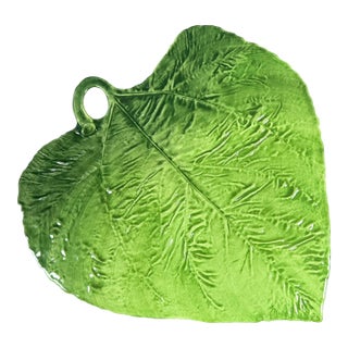 Italian Majolica Green Leaf Ceramic Platter For Sale