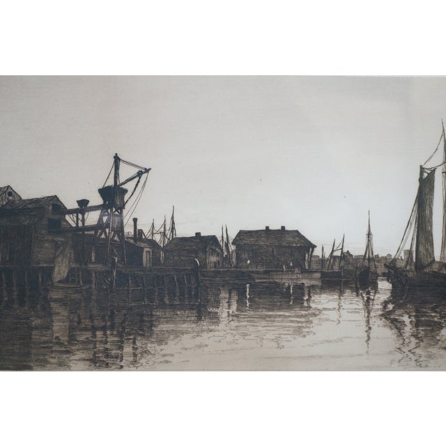 Antique Charles Mielatz Signed Rhode Island Fishing Boat Harbor Etching 27" For Sale - Image 10 of 15